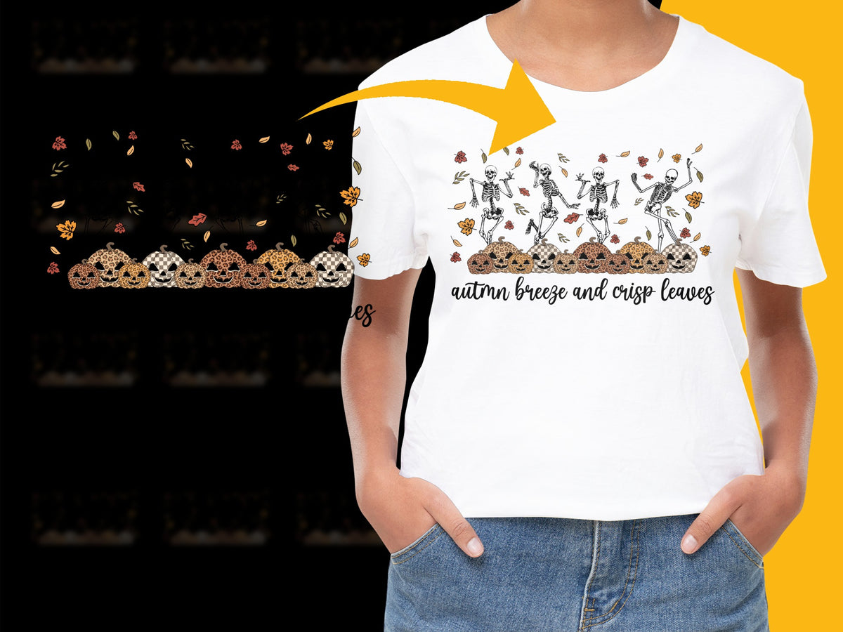 Autumn Breeze and Crisp Leaves Graphic T-Shirt, Women's White Casual Tee with Fall Print Design