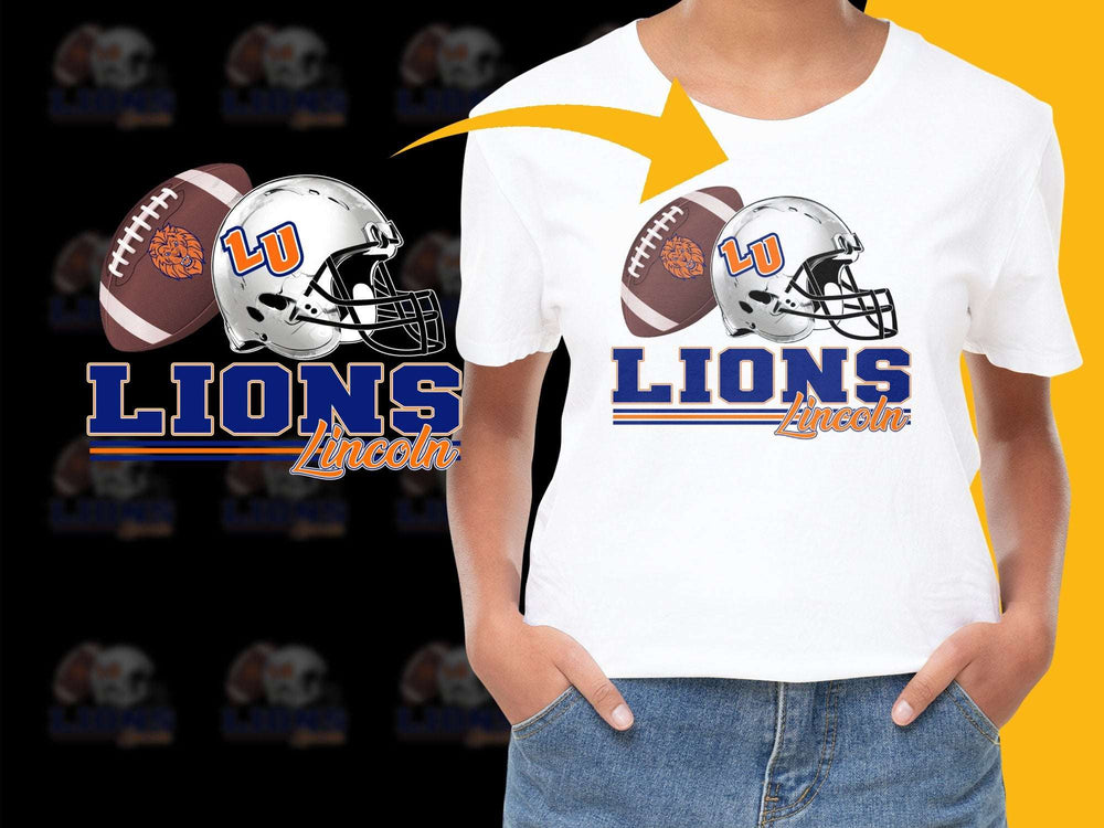 Lincoln Lions Football T-Shirt, White Tee with Helmet and Logo Design, Sports Apparel