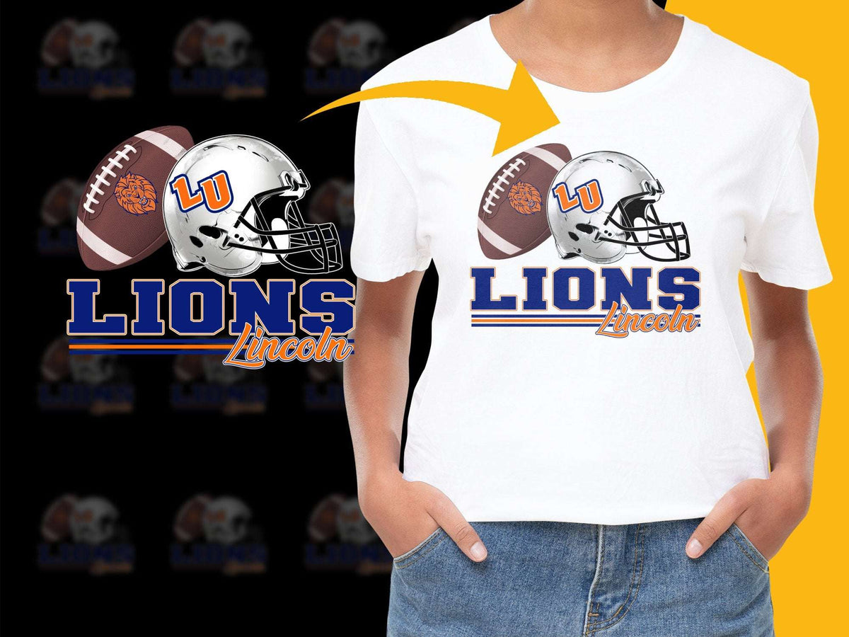 Lincoln Lions Football T-Shirt, White Tee with Helmet and Logo Design, Sports Apparel