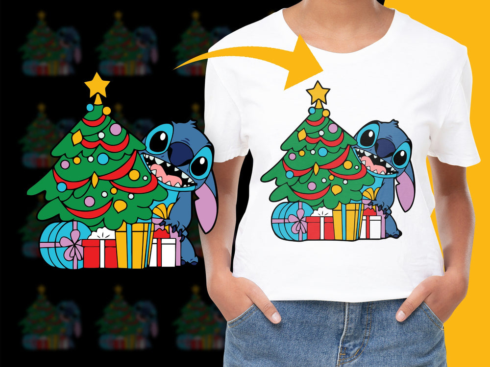 Kids Christmas T-Shirt Stitch and Tree Graphic Festive Holiday Gift Cartoon Cute Top