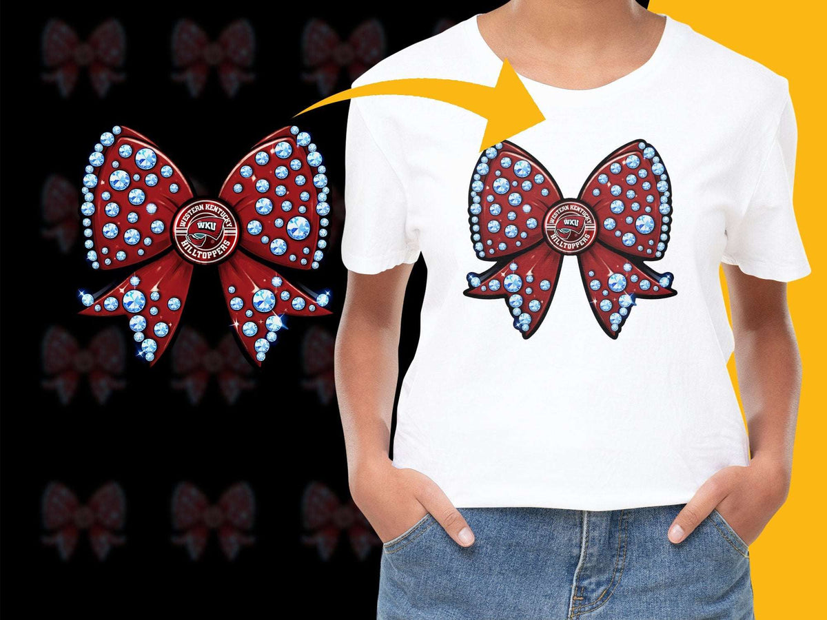 Trendy White Tee with Red Bow Tie Graphic, Casual Fashion, Women's Stylish Top, Unique Design Shirt