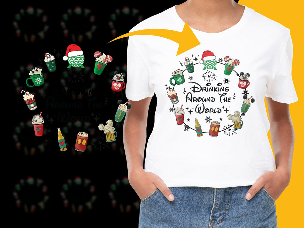 Festive Drinking Around the World T-Shirt, Holiday Beverages Graphic Tee, Christmas Party Apparel