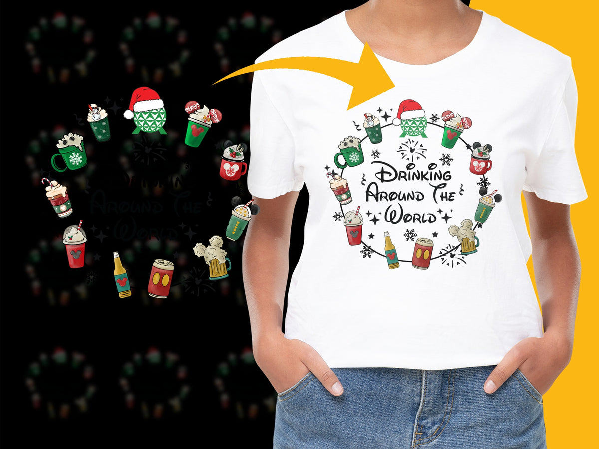 Festive Drinking Around the World T-Shirt, Holiday Beverages Graphic Tee, Christmas Party Apparel