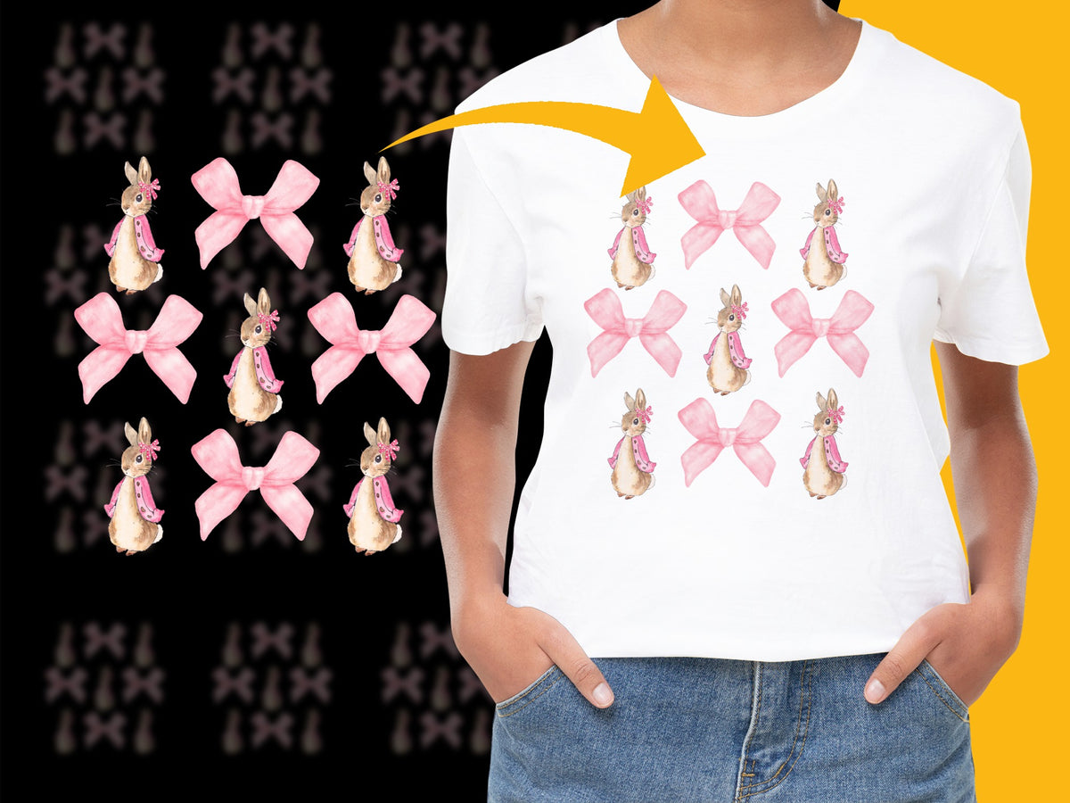 Cute Bunny T-Shirt with Pink Bow Design, Casual Graphic Tee for Kids and Adults, Unisex Cotton Top