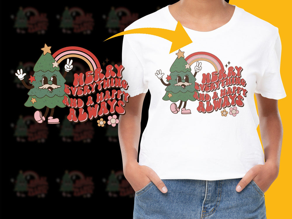Merry Everything Happy Always Christmas Tree Graphic T-Shirt, Festive Holiday Tee for All