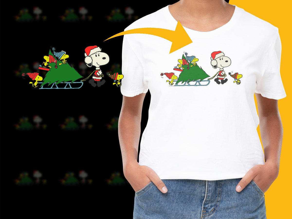 Christmas T-Shirt Cartoon Dogs Sledding, Santa Hat Graphic Tee, Holiday Children's Apparel, Festive Winter Clothing