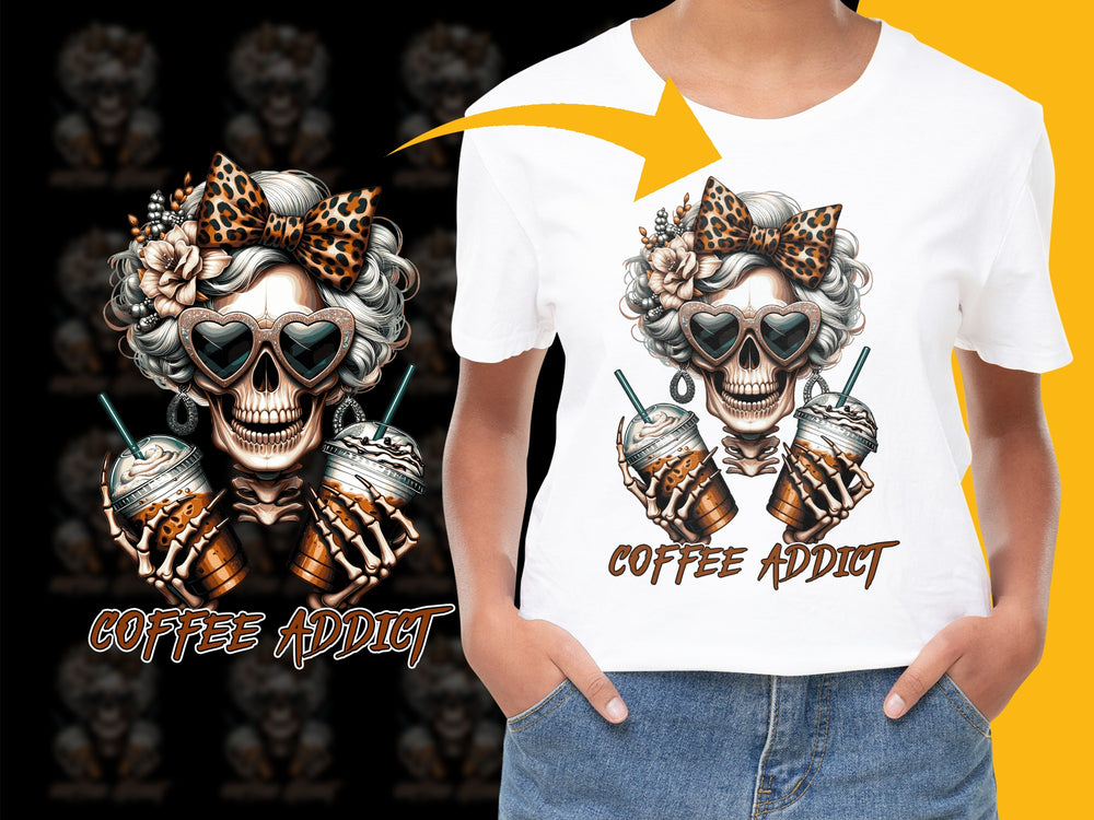 Coffee Addict T-Shirt, Skeleton Graphic Tee, Halloween Shirt with Leopard Print Bow, Cool Goth Top, Unisex Casual Streetwear