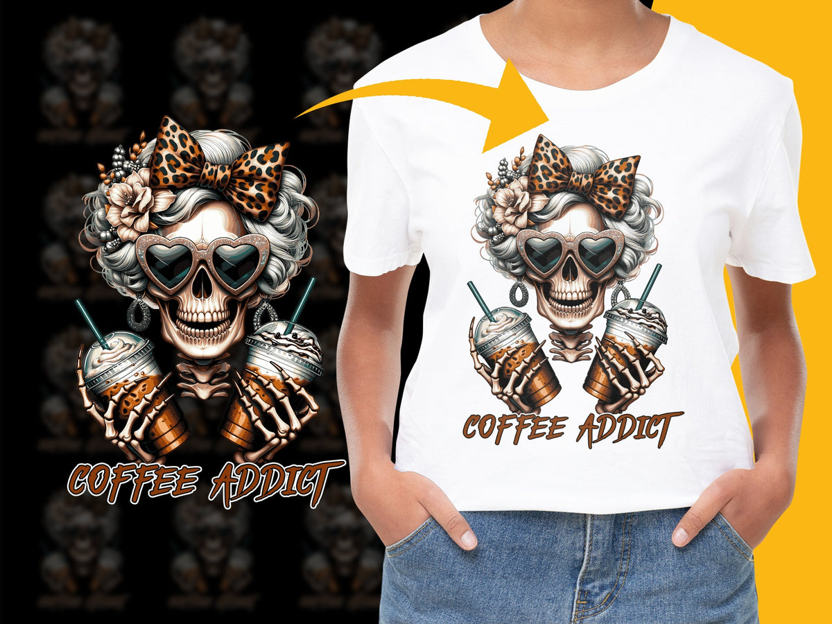 Coffee Addict T-Shirt, Skeleton Graphic Tee, Halloween Shirt with Leopard Print Bow, Cool Goth Top, Unisex Casual Streetwear