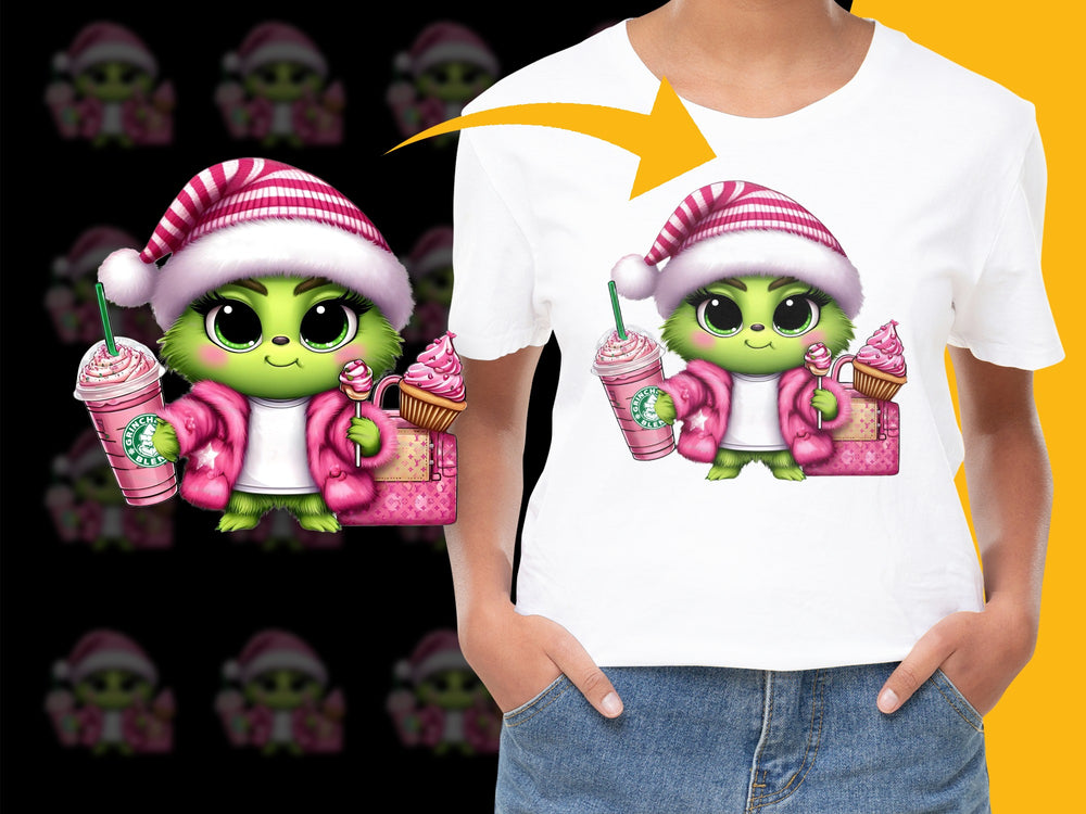Cute Alien Graphic T-Shirt, Kids Holiday Shirt, Pink Striped Hat, Festive Sweet Treats Design, Casual Wear