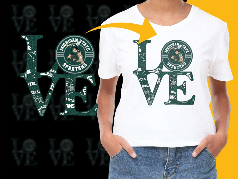 Michigan State Love T-Shirt, Spartans Fan Apparel, Graphic Tee, College Football, Green and White Shirt