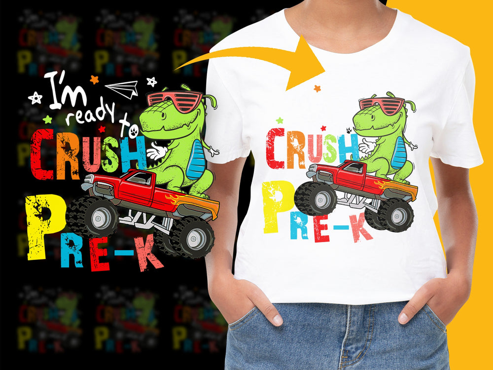 Kids Dinosaur T-Shirt, Ready to Crush Pre-K, Cute T-Rex Graphic Tee, Boys Girls White Shirt, Back to School Outfit