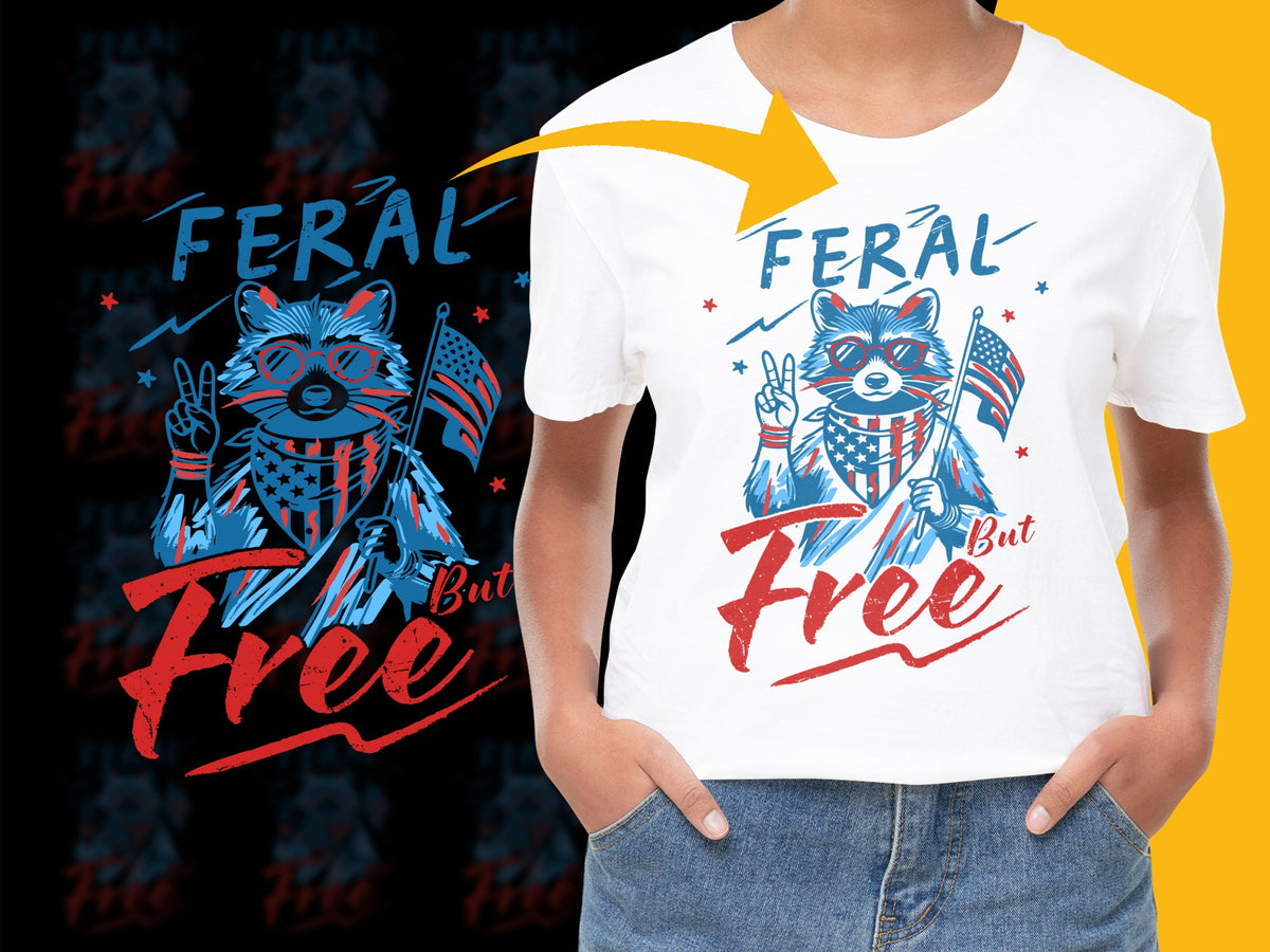 Feral Free Raccoon Graphic T-Shirt, Patriotic Animal Tee, Red White Blue, Unisex Kids Clothing, Youth Trendy Top