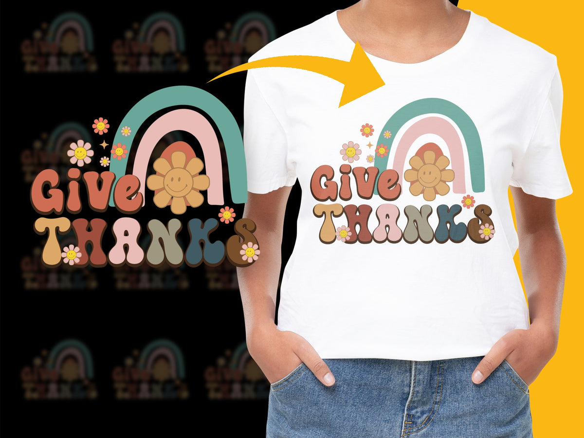 Give Thanks Rainbow Graphic T-Shirt, Floral Thanksgiving Tee, Fall Colors Women's Fashion Top