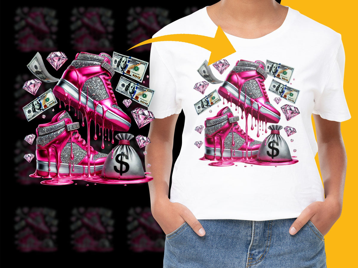 Pink Glitter High Heel T-Shirt, Women's Fashion Tee, Diamond Money Graphic, Bold Statement Shirt, Unique Stylish Top