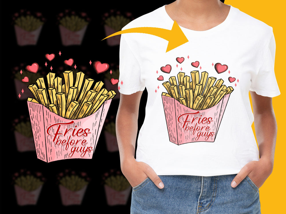 Women's Funny Graphic Tee 'Fries Before Guys' Pink Box French Fries T-Shirt