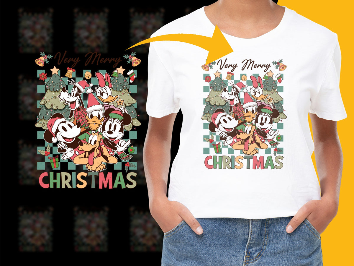 Christmas T-Shirt with Cartoon Characters, Festive Holiday Kids and Adults Apparel, Colorful Graphic Tee