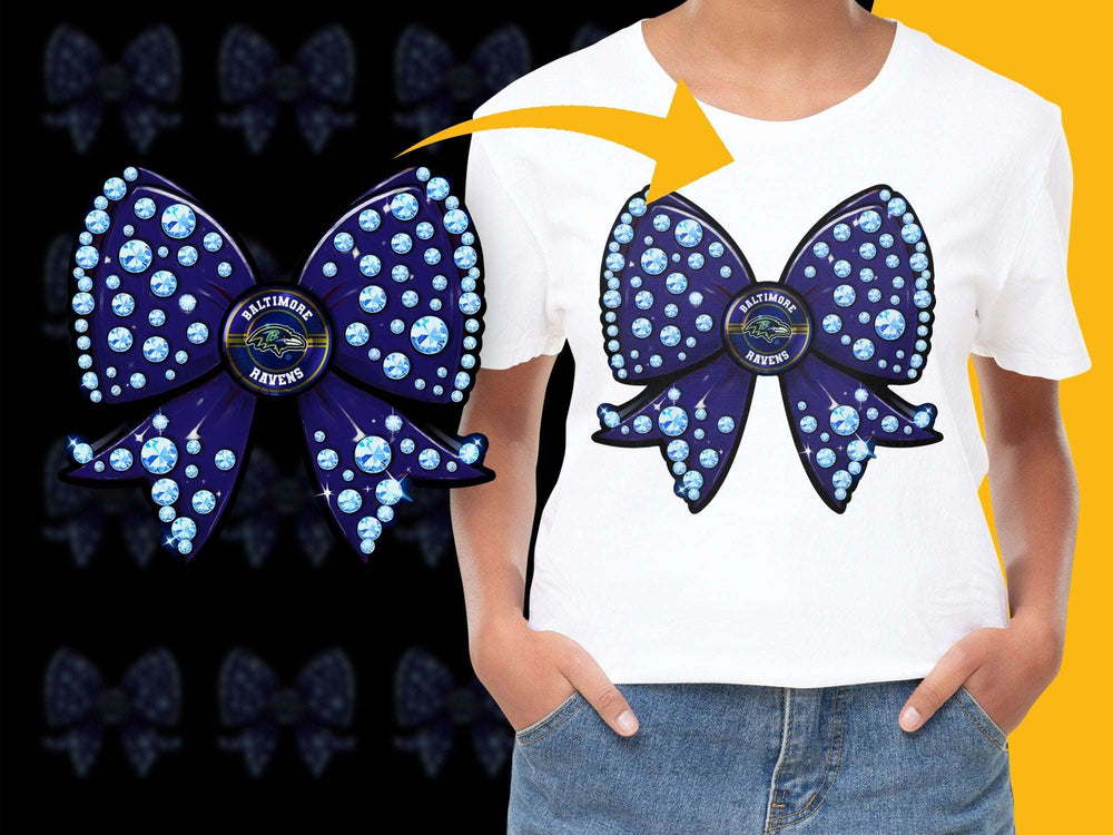 Baltimore Ravens Inspired Bow Rhinestone T-Shirt, Women's Sparkly Football Fan Apparel, Game Day Fashion Tee, Custom Sports Clothing