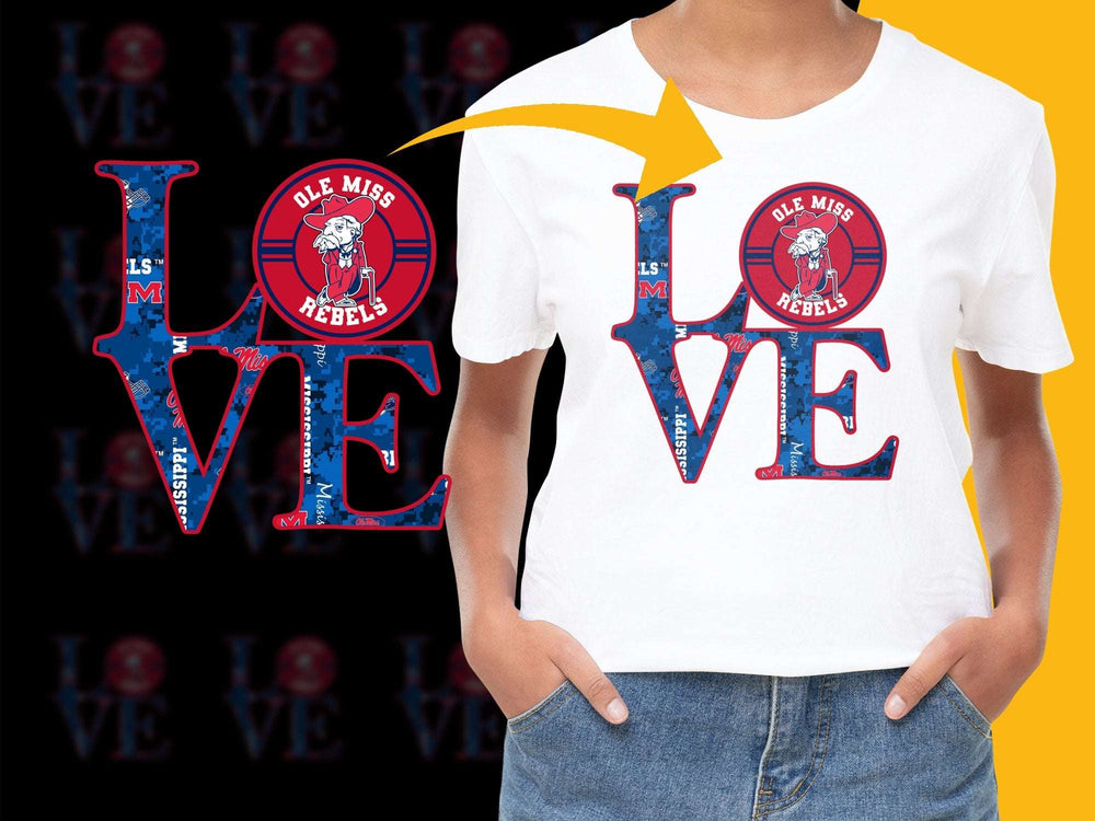 Ole Miss Rebels Love Graphic T-Shirt, University of Mississippi Fan Apparel, College Sports Tee, Unisex Cotton Shirt