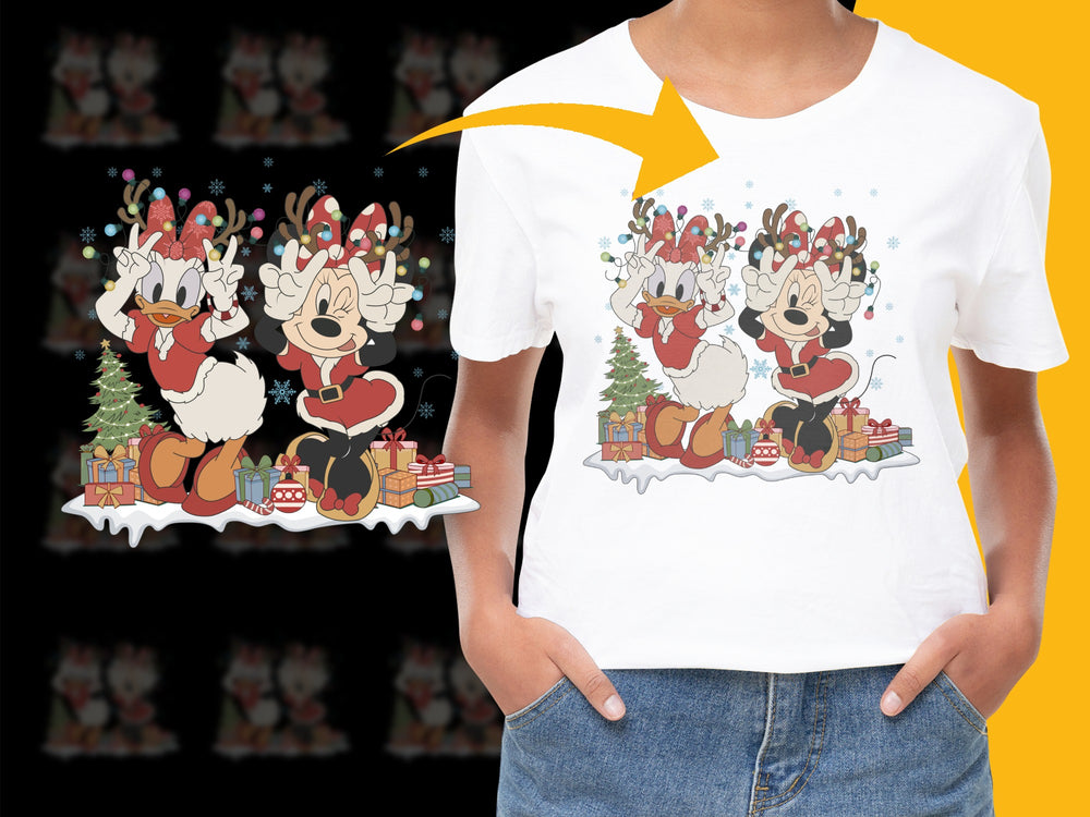 Festive Holiday T-Shirt with Cartoon Reindeer, Christmas Trees, and Gifts Design, Kids and Adults Sizes Available