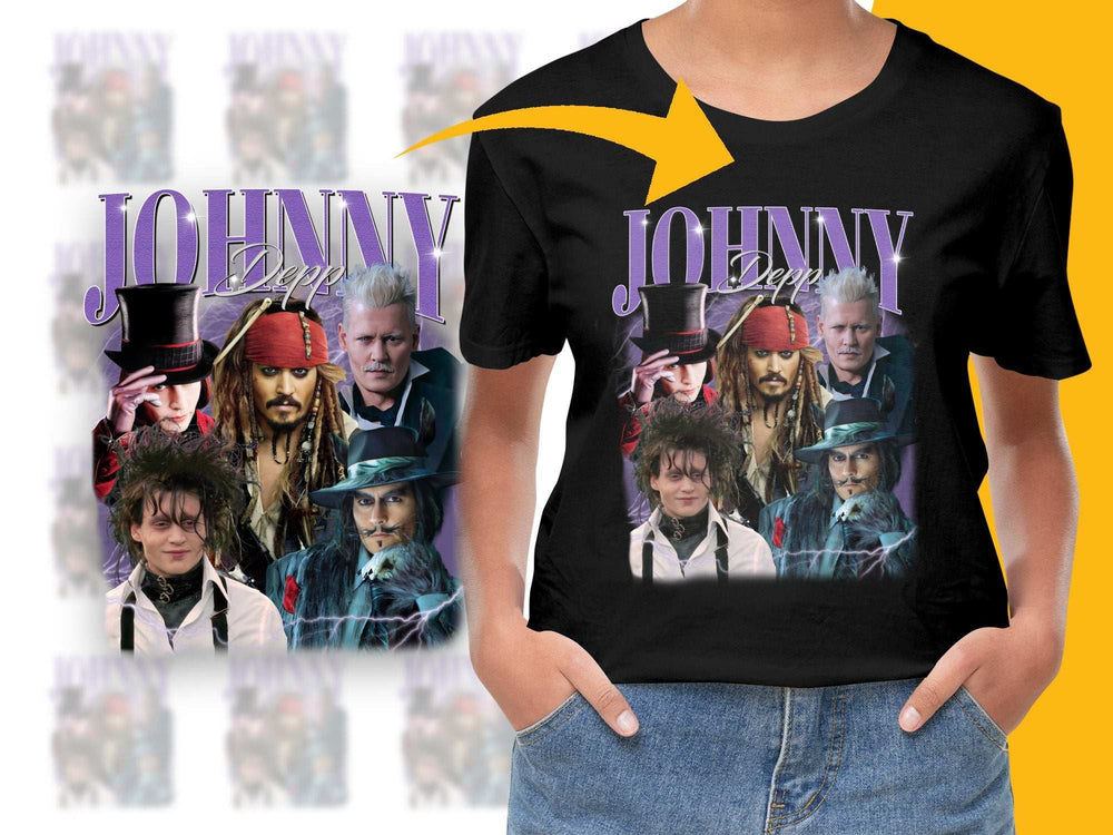 Johnny Depp Fan T-shirt, Movie Characters Collage, Unisex Graphic Tee, Multiple Roles Design, Gift for Film Buffs