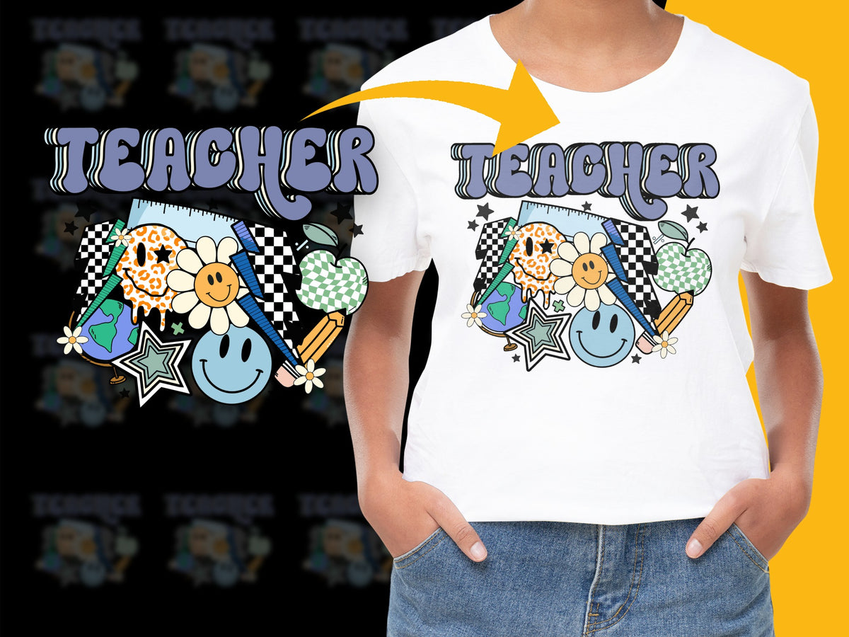 Colorful Teacher T-Shirt, Cute Classroom Tee, Floral and Checkerboard Design, Star Accents