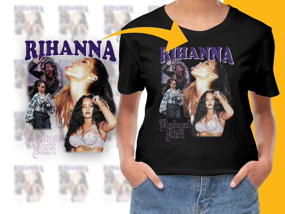 Rihanna Themed Graphic T-Shirt, Vintage Style Pop Star Collage, Casual Music Fashion, Trendy Celebrity Apparel for Fans