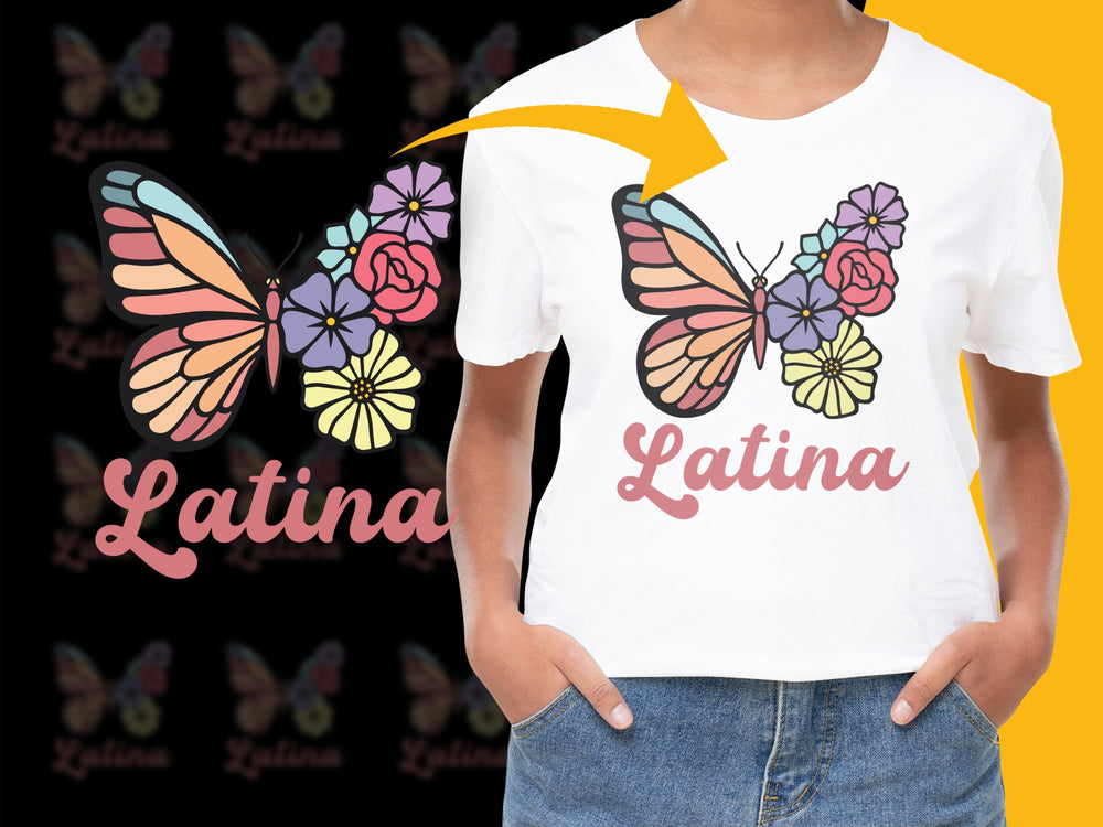 Latina Butterfly Graphic T-Shirt, Floral Feminine Tee, Colorful Spring Summer Fashion, Casual Streetwear Top