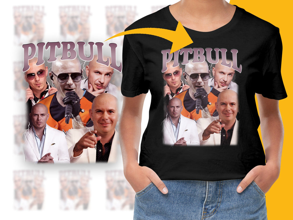 Pitbull Graphic T-Shirt, Multi-Image Pop Art Style, Hip Hop Music Artist, Concert Merchandise, Fashion Clothing Gift