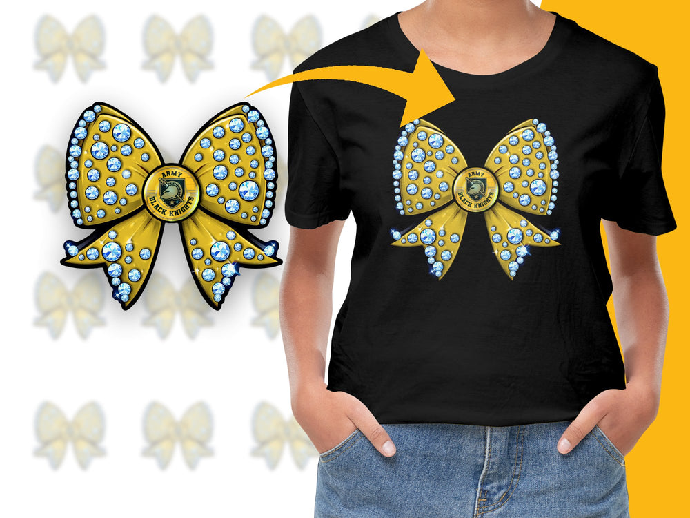 Unique Black T-Shirt with Vintage-Inspired Yellow Bow Design, Rhinestone Details, Fashionable Casual Wear