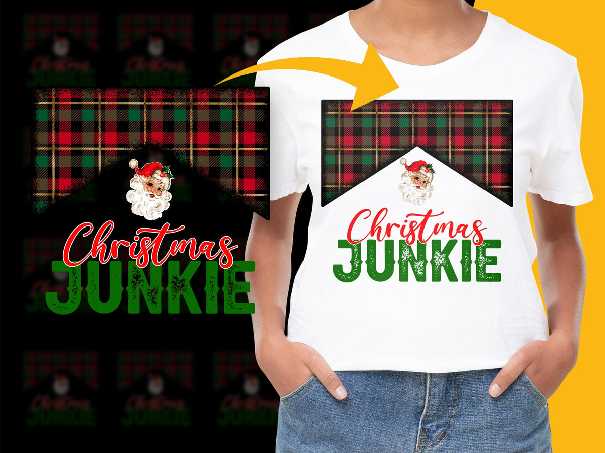 Christmas Junkie T-Shirt, Festive Santa Graphic on Plaid Pattern, Holiday Tee, Unisex Adult Casual Wear
