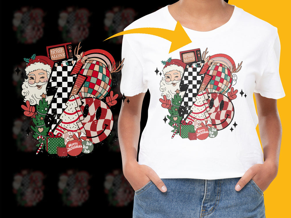 Kids Christmas T-Shirt, Santa Graphic Tee, Festive Holiday Shirt, Cute Checkerboard Santa Claus Top