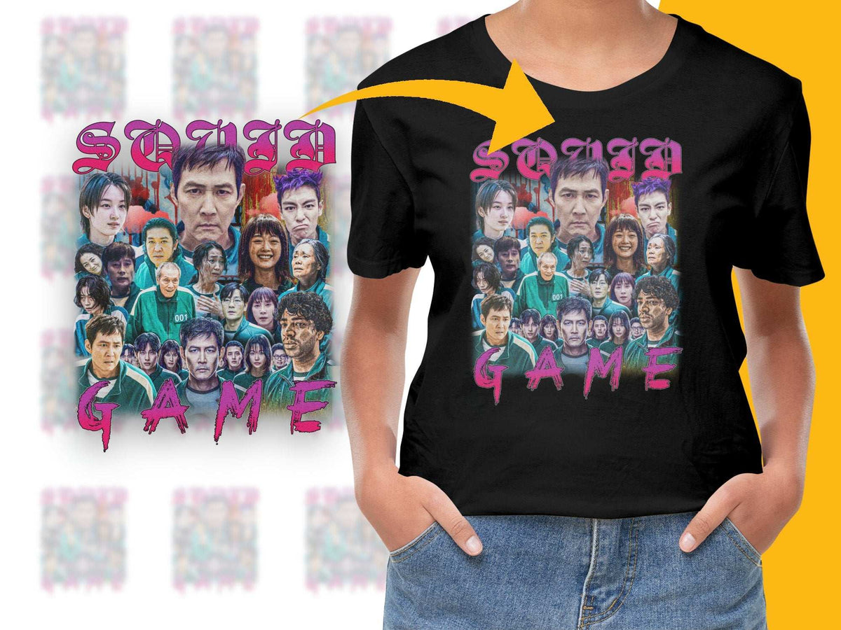 Squid Game Inspired T-Shirt, Collage Graphic, Korean Drama Fan Tee, Unisex Clothing Black Shirt