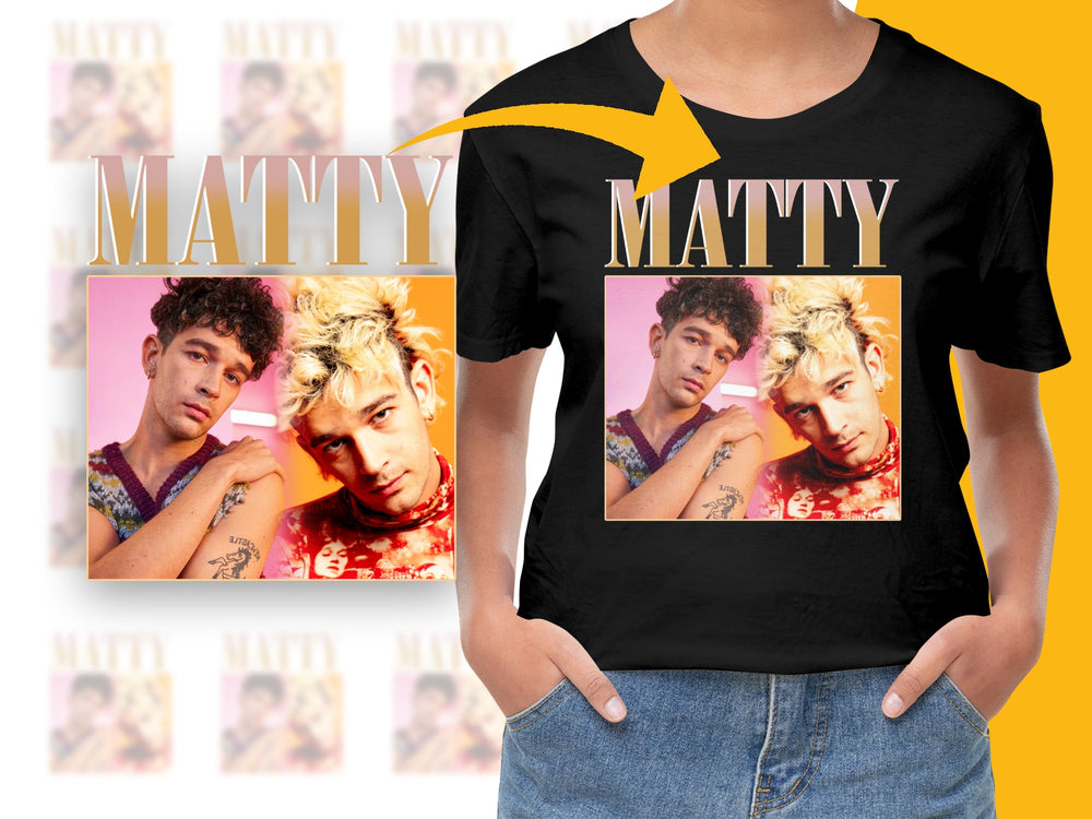 Unisex Black T-Shirt with Matty Graphic Design, Trendy Pop Music Fan Tee, Stylish Casual Top