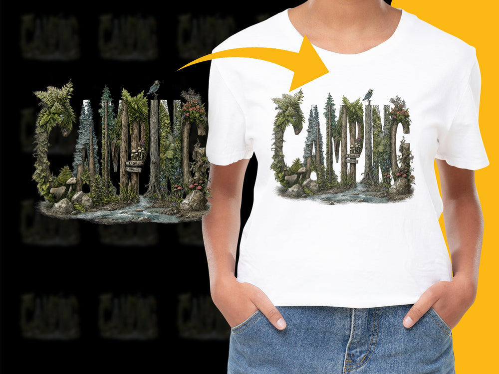 Women's Camping Graphic T-Shirt, Nature Inspired Scenic Design, Trendy Outdoor Casual Tee, Comfortable Cotton Top
