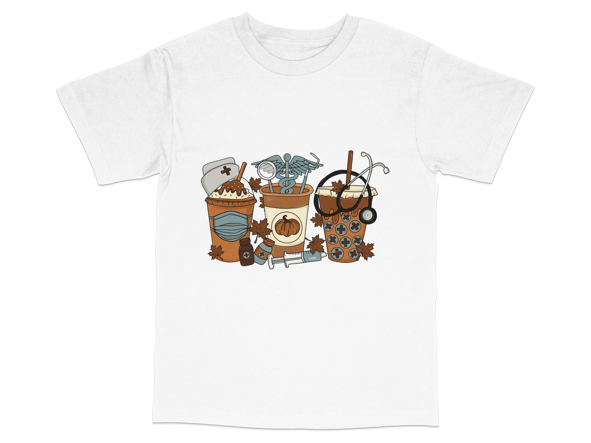 Autumn Vibes Graphic T-Shirt, Cute Fall Season Illustrations, Unisex White Tee, Casual Fall Fashion, Pumpkin and Leaves Design