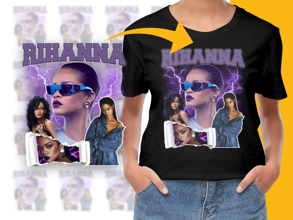 Rihanna Fan T-Shirt, Music Pop Star Graphic Tee, Purple Lightning Design, Trendy Celebrity Fashion Top