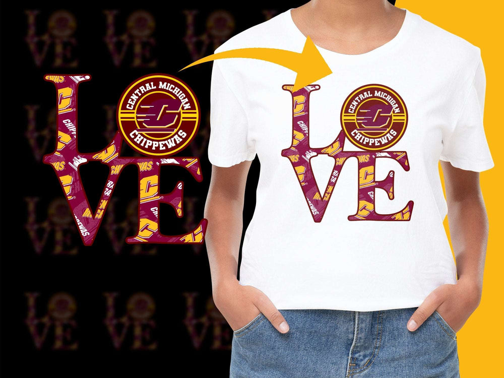 Central Michigan University Love T-Shirt, College Football Fan Apparel, Maroon and Gold Graphic Tee