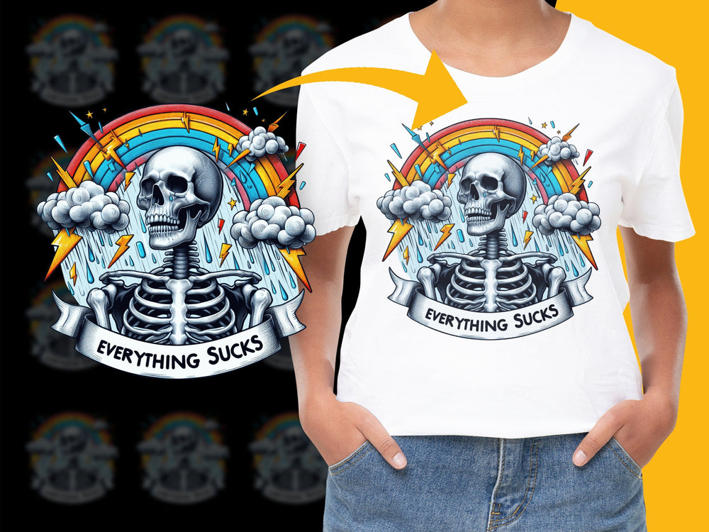 Graphic T-shirt Everything Sucks Skull Design, Colorful Rainbow Aesthetic Tee, Unisex Fashion