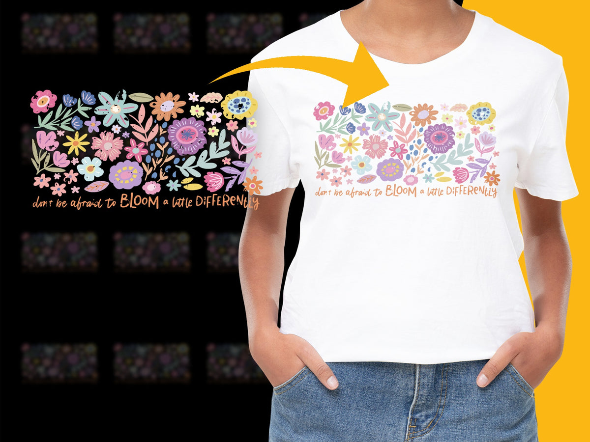 Women's Floral T-Shirt, Inspirational Quote, Bloom a Little Differently, Colorful Flowers, Unique Design, Casual Wear, Gift Idea