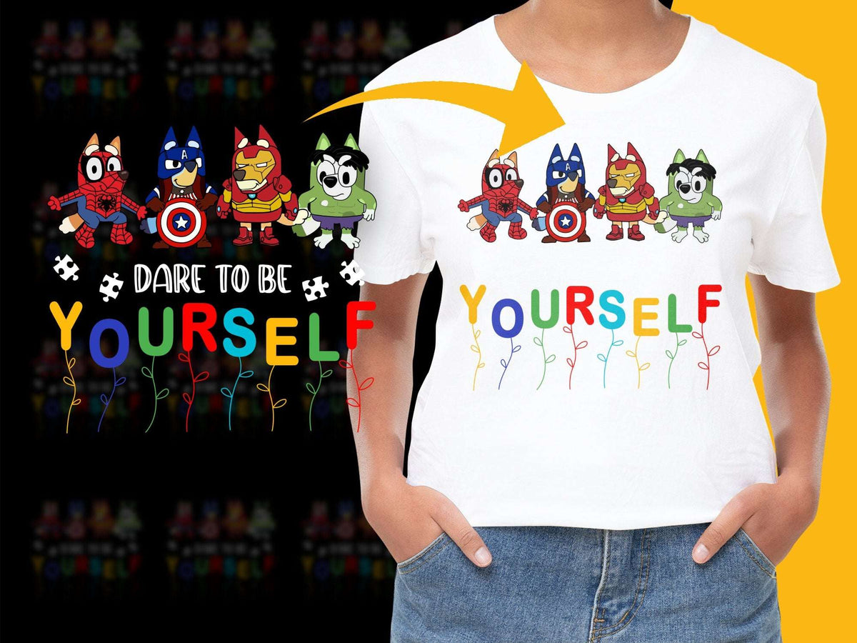 Kids Superhero T-Shirt, Dare To Be Yourself Graphic Tee, Colorful Cartoon Heroes Shirt, Casual Children Top, Unique Gift Idea