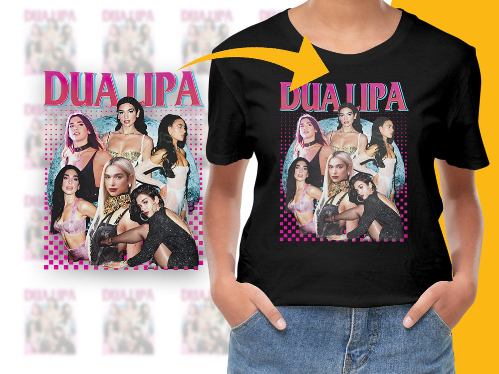 Dua Lipa Graphic T-Shirt, Pop Music Fan Tee, Colorful Artist Collage Design, Trendy Pop Star Merchandise, Unisex Fashion Top