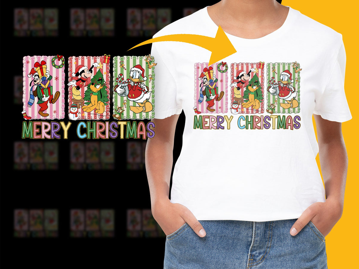 Merry Christmas T-Shirt, Kids Festive Holiday Tee, Cute Cartoon Santa and Reindeer Design, Colorful Winter Apparel