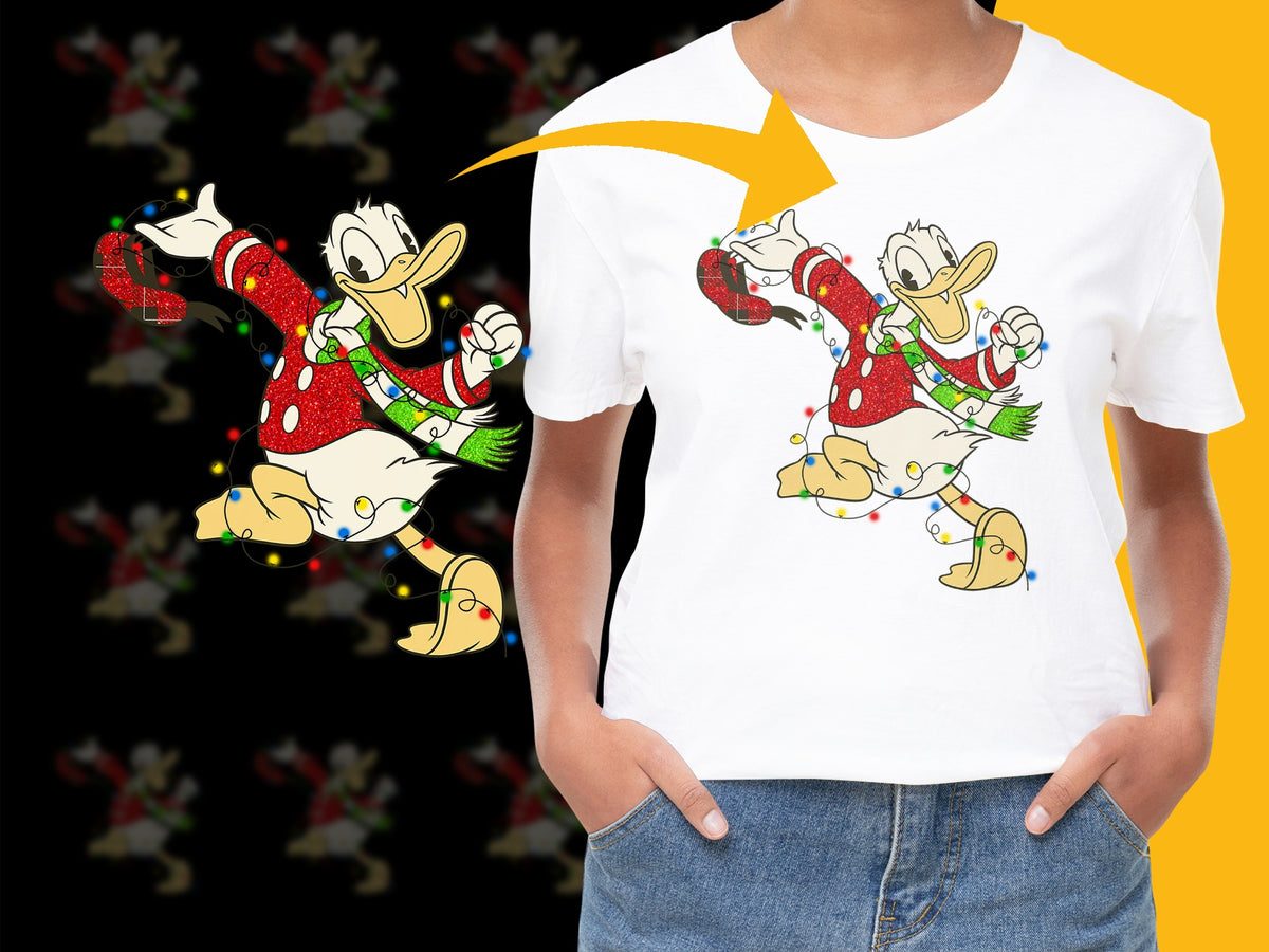 Festive Holiday T-Shirt with Cartoon Duck, Red and Green Outfit, Kids and Adult Sizes Available