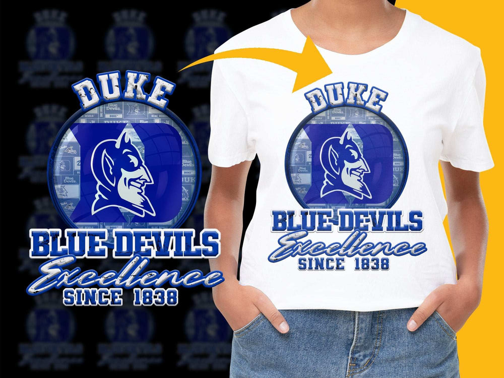 Duke Blue Devils T-Shirt, Vintage Logo, Excellence Since 1838, Adult Unisex Size White Tee