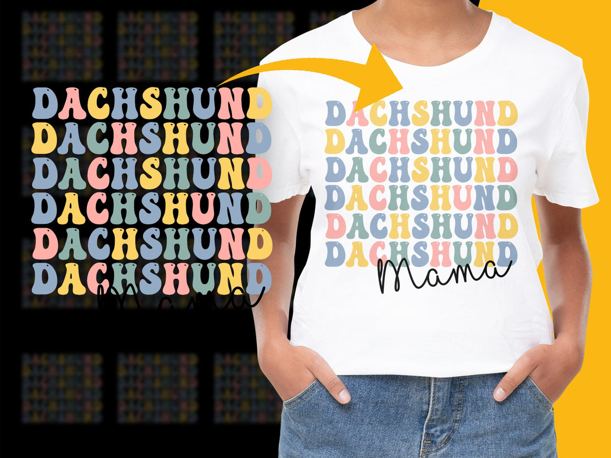 Colorful Dachshund Mama T-Shirt, Dog Lover Gift, Rainbow Text Graphic Tee, Pet Owner Casual Wear
