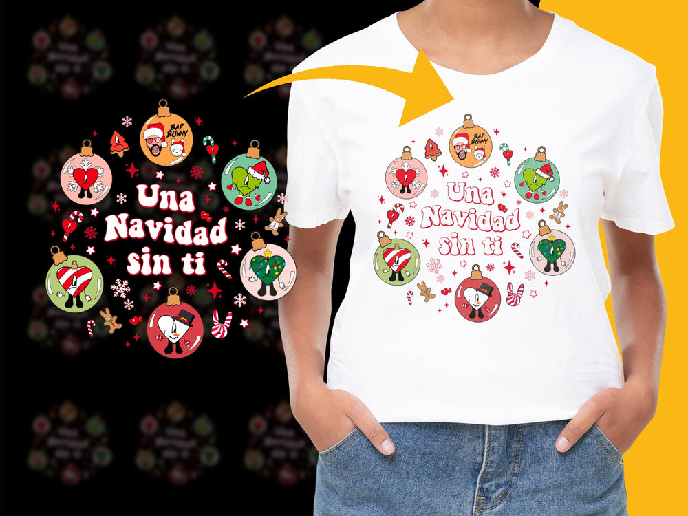 Festive Holiday T-Shirt, Una Navidad Sin Ti, Christmas Ornaments Graphic Tee, Unisex Cotton Shirt
