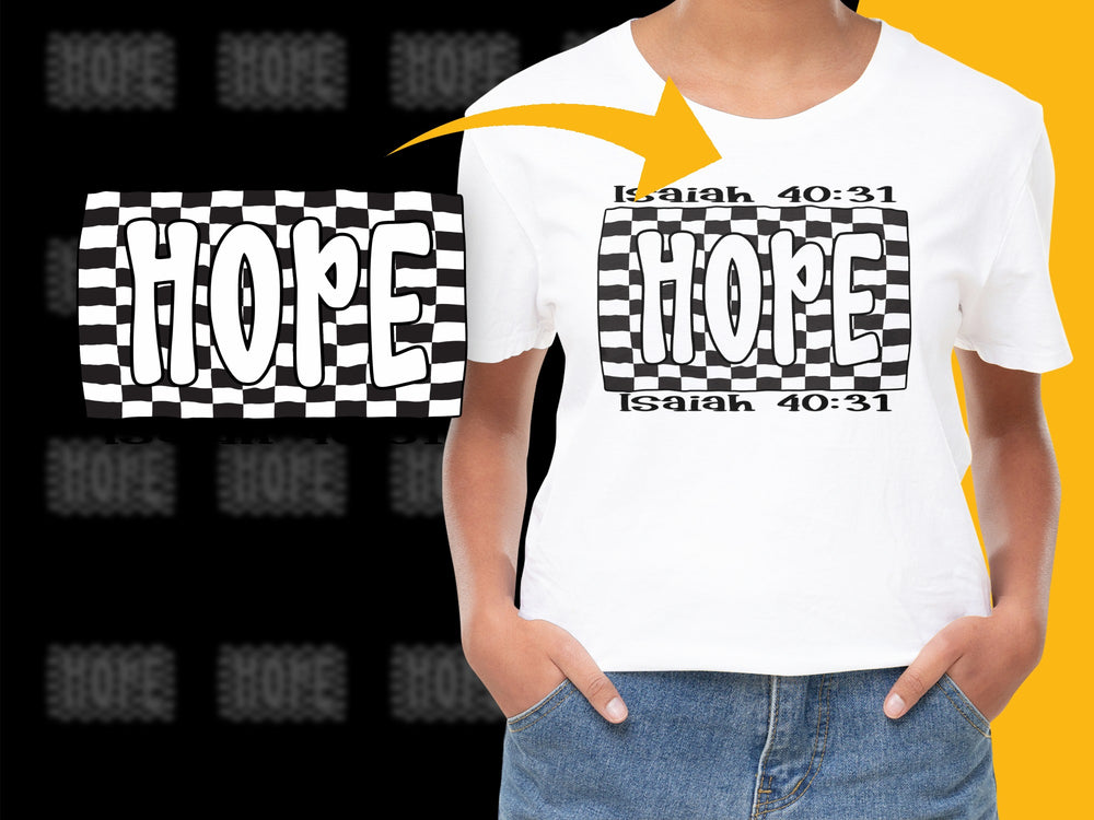 Inspirational HOPE T-Shirt, Isaiah 40:31 Verse, Christian Faith Graphic Tee, Black and White Checkerboard Design, Unisex Fashion Shirt