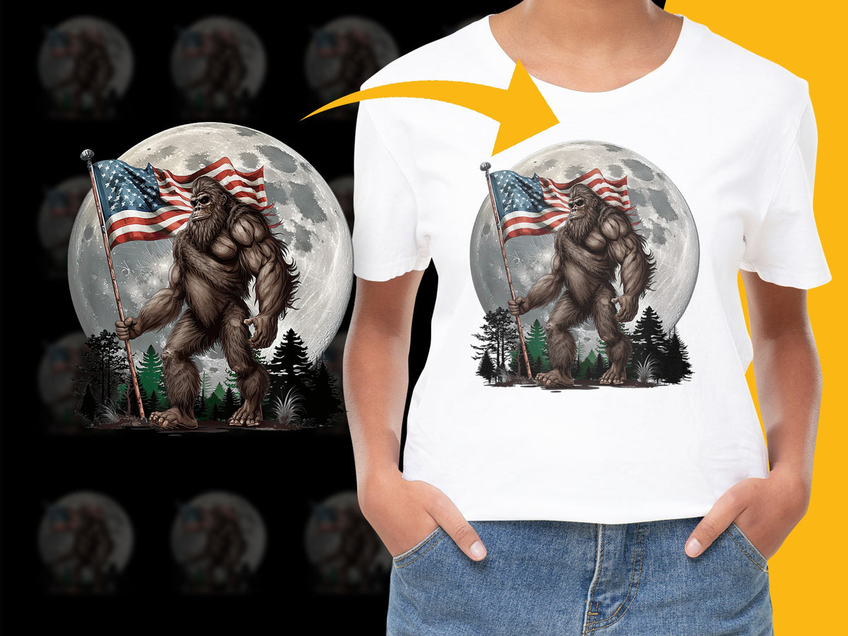 Bigfoot American Flag Graphic T-Shirt, Patriotic Mythical Creature Tee, Sasquatch Moonlight Forest Design, Unisex Casual Wear