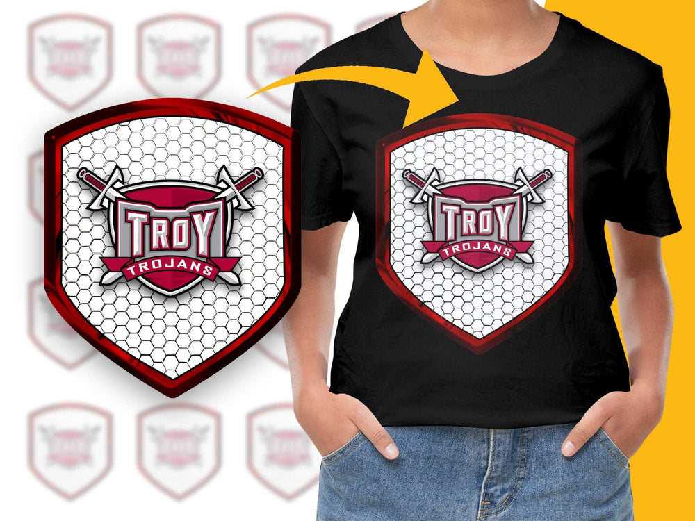 Troy Trojans Graphic T-Shirt, Honeycomb Design, Sport Team Logo, Black Tee