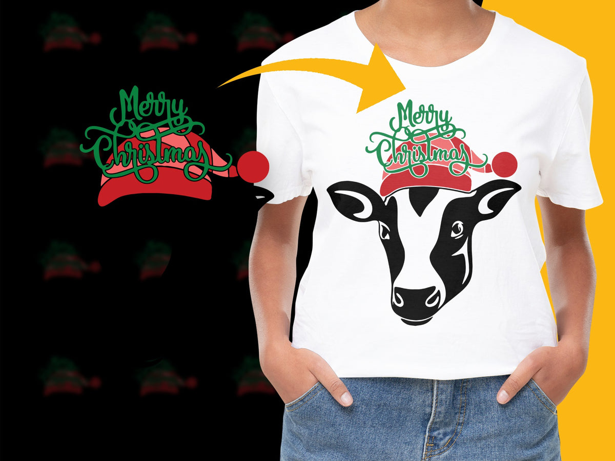Festive Cow T-Shirt Merry Christmas Graphic Tee, Holiday Casual Wear, Fun Animal Design Top for Christmas Party